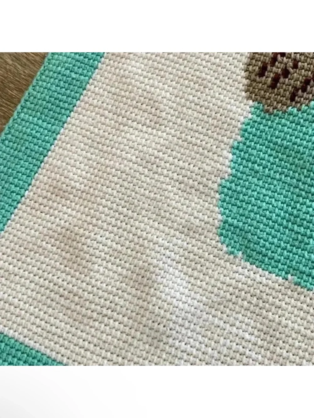 Vintage Crochet Knit Baby Teddy Bear Teal White Throw Nursery Crib Blanket
